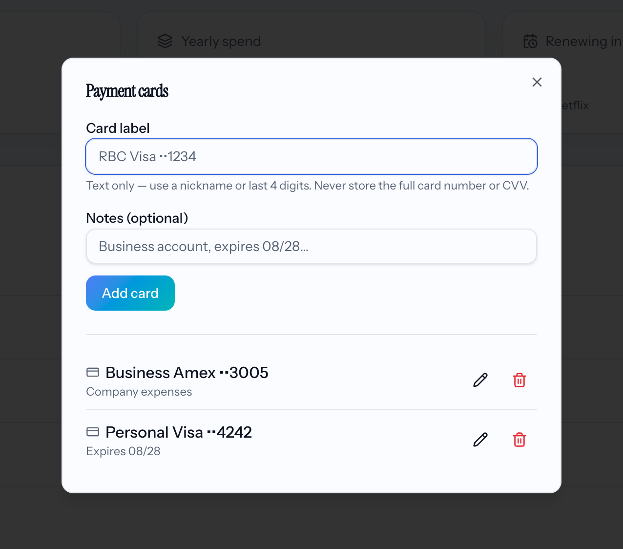 Managing payment cards in Wizy: a text-only card list with labels and notes