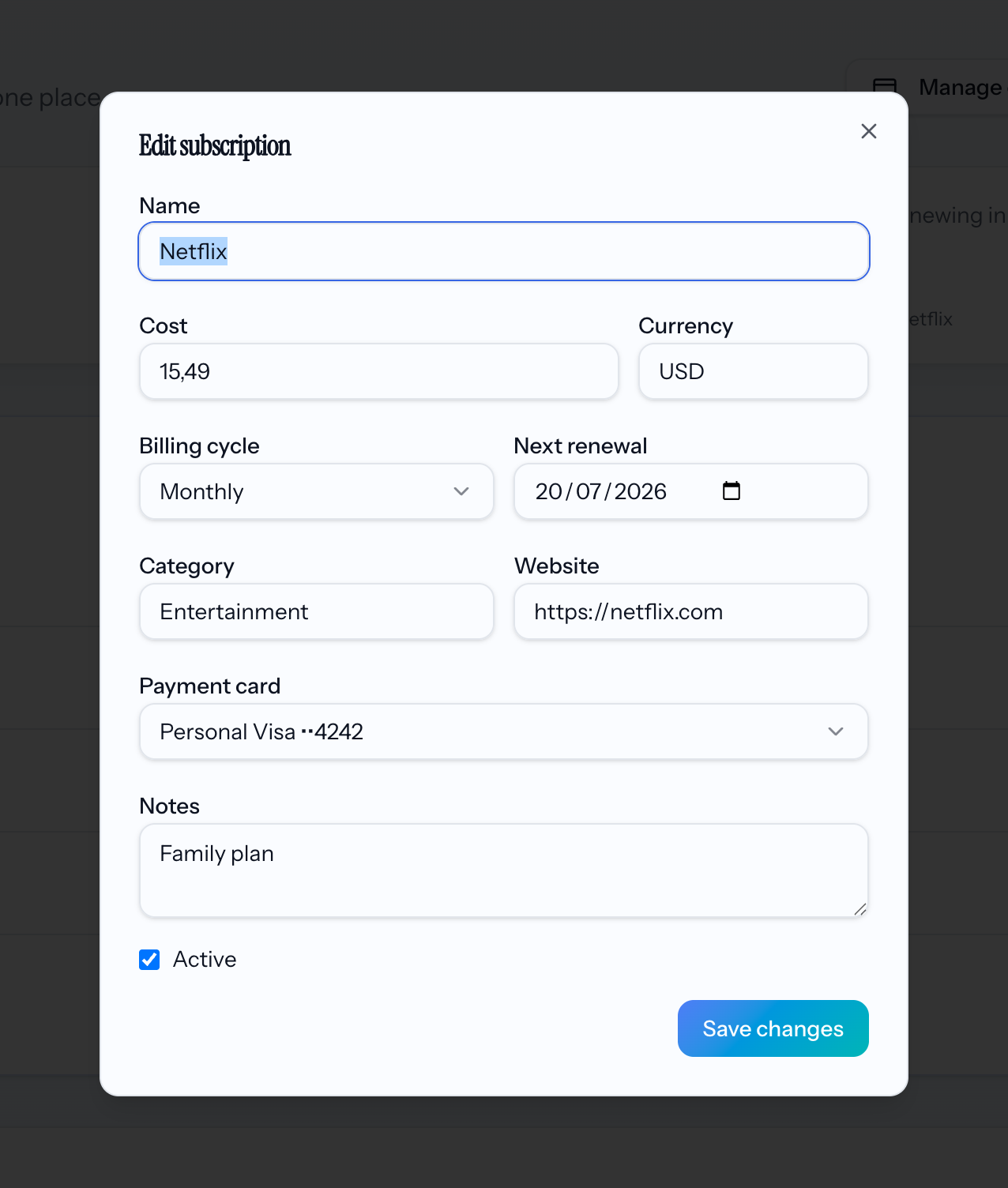 Editing a subscription in Wizy: name, cost, billing cycle, renewal date, category, and payment card